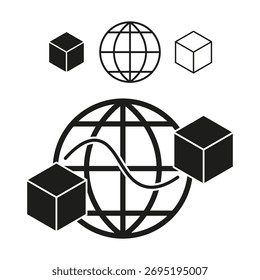 Ícone de dados globais. Conexão do cubo do planeta. Gráfico em branco preto. Símbolo de internet vetorial. EPS 10.