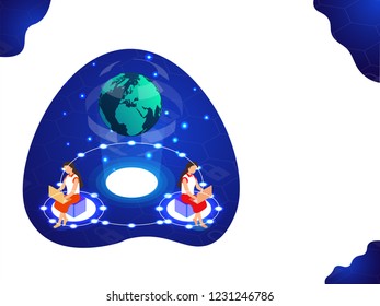 Global data management concept based isometric design with illustration of glowing data sharing network and earth globe on abstract white background.
