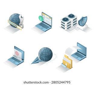 Global Data Management and Cybersecurity Icons Set with Secure Server File Transfer System Monitoring and Cloud Infrastructure