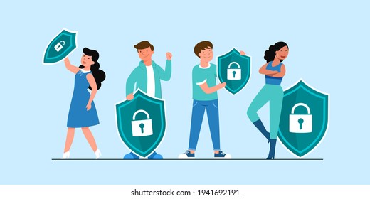 Global data or personal data security, cyber data security online concept, Internet security or information privacy and protection idea, flat isometric illustration isolated on blue background.