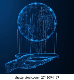 Global data projection. The hand holds a smartphone, over which the planet Earth is projected. The concept of global communication and data management via mobile devices.