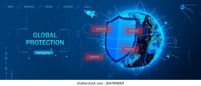 Global data protection concept.  Cyber security, shield lock in futuristic style. Concept of internet privacy or cyber protection on the background of the world. Vector illustration