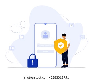 Seguridad global de datos, seguridad de datos personales, seguridad de datos cibernéticos, ilustración de concepto en línea. Adecuado para página de inicio, ui, web, tarjeta de introducción de aplicaciones, editorial, volante y banner.