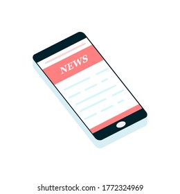 Global data sharing concept vector illustration using mobile smartphone to see posts and news in social networks. Flat smart phone to see news. Read digital content, internet newspaper on mobile apps.