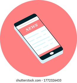 Global data sharing concept vector illustration using mobile smartphone to see posts and news in social networks. Flat smart phone to read internet newspaper in red circle icon with long shadow.