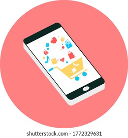 Global data sharing concept vector illustration using mobile smartphone to shopping online social network. Flat smart phone for digital marketing  and shopping campaign in red circle icon.