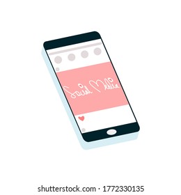 Global data sharing concept vector illustration using mobile smartphone to see posts in social networks. Flat smart phone of social media marketing content or ads on mobile. Vector flat illustration.