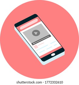 Global data sharing concept vector illustration using mobile smartphone to see posts and news in social networks. Flat smart phone to see video marketing, video content, ads in red circle icon.