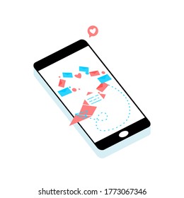 Global data sharing concept vector illustration using mobile smartphone to see email in social networks. Flat smart phone to send e-mail. Email marketing, newsletter marketing, and drip campaign.