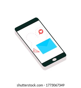 Global data sharing concept vector illustration using mobile smartphone to see email in social networks. Flat smart phone to send e-mail. Email marketing, newsletter marketing, and drip campaign.