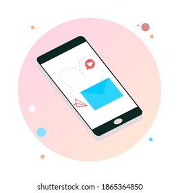 Global data sharing concept vector illustration using mobile smartphone to see email in social networks. Flat smart phone to send marketing e-mail in circle icon. 