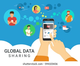 Global data sharing data concept vector illustration of young people using mobile smartphone to share posts and news in social networks. Flat hand holds smart phone to make repost of video and news