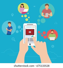 Global data sharing data concept vector illustration of young people using mobile smartphone to share posts and news in social networks. Flat hand holds smart phone to make repost of video and news.