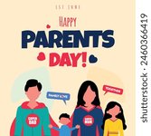 Global day of parents. 1st June Happy parents day celebration banner with family of four, father and mother wearing super hero costumes. Parents are super heroes for their child. Family love concept. 