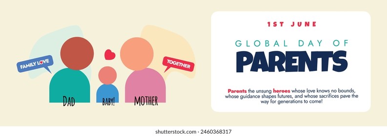 Global day of parents. 1st June Parents day celebration cover banner with family icons: Father, mother, son. The day spread awareness, importance of parenthood, their central role in child development