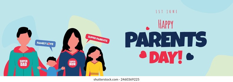 Global day of parents. 1st June Happy parents day celebration cover banner, post, card with family of four, father and mother wearing super hero costumes. Parents as super heroes for their children.