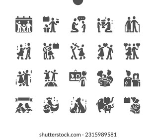 Global Day of Parents 23 June. Give mom flowers. Married couple. Bird family. Vector Solid Icons. Simple Pictogram