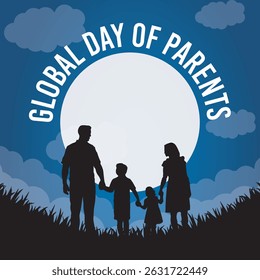 Global Day of Parents Family Silhouette Under Full Moon – Vector Illustration of Parents with Children