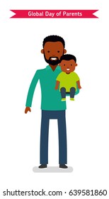 Global Day of Parents or Happy Father's Day celebration. Dad and son. African Americans people. Flat vector illustration.