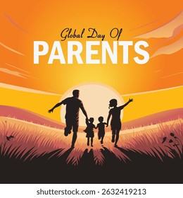 Global Day of Parents. Happy young family outdoors. Banner, poster, card, postcard, placard and background design.	