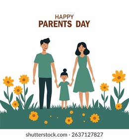 Global Day of Parents. Happy young family outdoors. Banner, poster, card, postcard, placard and background design.	