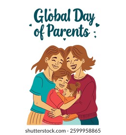 Global Day of Parents Lettering design. Hand drawn vector greeting card with happy smiling parents and children.