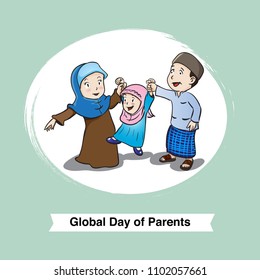 Global Day of Parents with Muslim Family, for greeting card, poster, website banner. - Vector Illustration