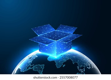 Global delivery concept featuring glowing low-polygonal box over Earth on dark background. Symbolizing logistics, worldwide shipping, and e-commerce. Glowing low polygonal abstract vector illustration