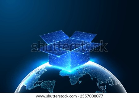 Global delivery concept featuring glowing low-polygonal box over Earth on dark background. Symbolizing logistics, worldwide shipping, and e-commerce. Glowing low polygonal abstract vector illustration