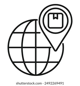 Icono de concepto de entrega global con pin de ubicación, paquete y símbolos logísticos de envío mundial para comercio electrónico internacional y servicios de envío mundial en Ilustración vectorial blanca y negra