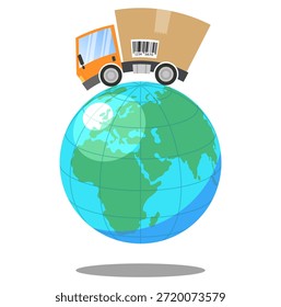 Ilustração de conceito de entrega global com caminhão laranja carregando pacote no planeta Terra, símbolo de transporte mundial, logística, comércio eletrônico e comércio internacional, vetor isolado
