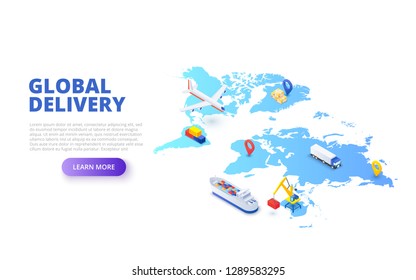 Global delivery concept with map, plane and tanker. Isometric vector illustration. Landing page template for web.