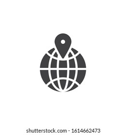 Global delivery destination vector icon. filled flat sign for mobile concept and web design. Globe with pam marker glyph icon. Cargo logistics symbol, logo illustration. Vector graphics