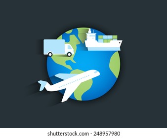 Global delivery icon with airplane, ship and truck on the planet