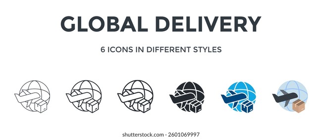 Global Delivery Icon In Different Style Vector Illustration. Designed In Thin Line, Regular Line, Bold Line, Glyph, Color Fill, And Flat Style Can Be Used For Web