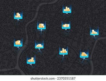 Global delivery logistics network. Abstract banner for on-time deliver, transporting goods. Map with marked delivery locations. Multiple destinations. Route distance data, path turns.