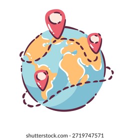 Global delivery map with location pins, dotted route lines, world globe shape, logistics navigation concept, shipping destinations, flat cartoon doodle style, vector illustration