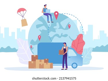 Global delivery service. Courier holding cardboard box, standing near van. Customer ordering parcel using laptop and sitting on globe. Worldwide shipping, remote flying packages vector