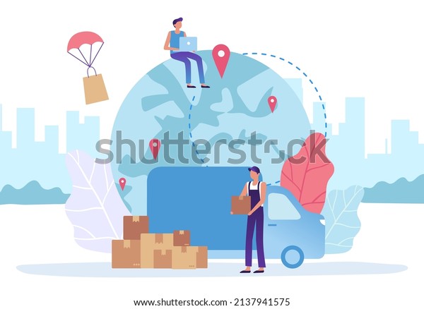 Global\
delivery service. Courier holding cardboard box, standing near van.\
Customer ordering parcel using laptop and sitting on globe.\
Worldwide shipping, remote flying packages\
vector