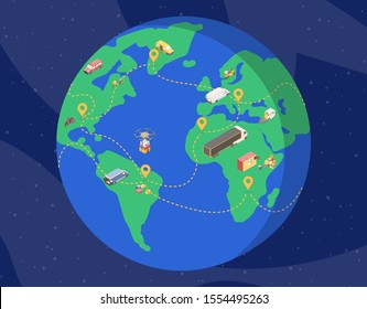 Global delivery service isometric illustration. Planet earth in space with cargo vehicles, drones carrying parcels across continents. Logistics company, international goods shipment