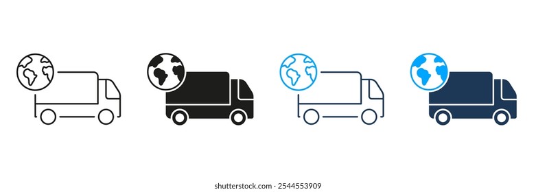 Global Delivery Service Line and Silhouette Icon Set. International Express Transportation Pictogram. Worldwide Shipping Symbol. Editable Stroke. Isolated Vector Illustration.