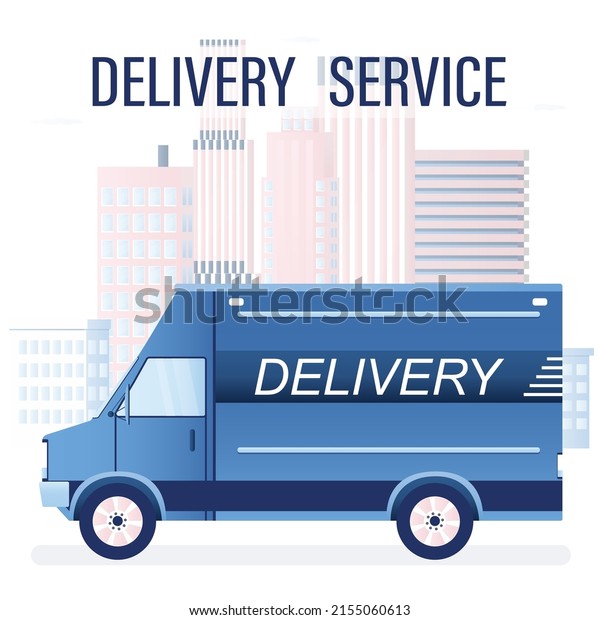 Global delivery service. Delivery truck on\
road. Modern van with parcels and packages. Fast shipping.\
Worldwide, express shipping, logistic concept. Urban view on\
background. Flat vector\
illustration