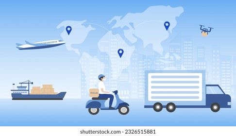 Global delivery technology concept. Business logistics, online delivery  by truck, drone, plane, motorbike vector illustration