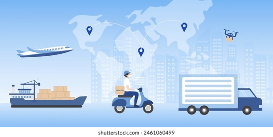 Global delivery technology concept. Business logistics, online delivery  by truck, drone, plane, motorbike vector illustration