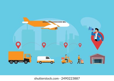 Global delivery technology concept. Business logistics, online delivery by truck, drone, plane, motorbike 2d flat vector illustration