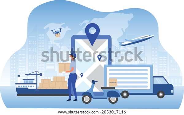 Global delivery technology concept. Business\
logistics, online delivery  by truck, drone, plane, motorbike\
vector illustration