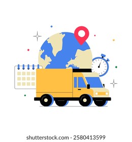 Global Delivery Tracking With Truck, World Map, Calendar, And Clock. Flat Vector Illustration Symbolizing Logistics, Shipping Management, Worldwide Transport. Isolated On White Background