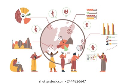 Global demographics analysis vector illustration with figures analyzing data, charts, and world map for educational and marketing materials.