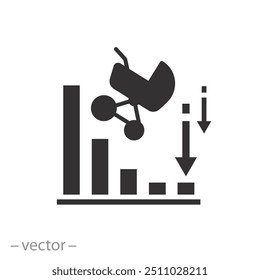 Icono de disminución de la demografía mundial, disminución del desarrollo social, población baja y tasa de natalidad, Vector plano EPS10