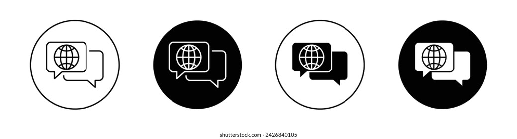 Global Dialog Icon Set. Wrold Business Travel Vector Symbol in a Black Filled and Outlined Style. Worldwide Comment Visit Sign.
